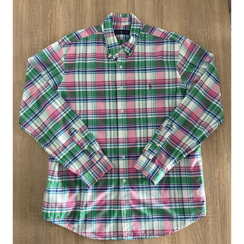 Ralph Lauren Shirt XL Red White Green Colorblock Stripes Button Down Long Sleeve